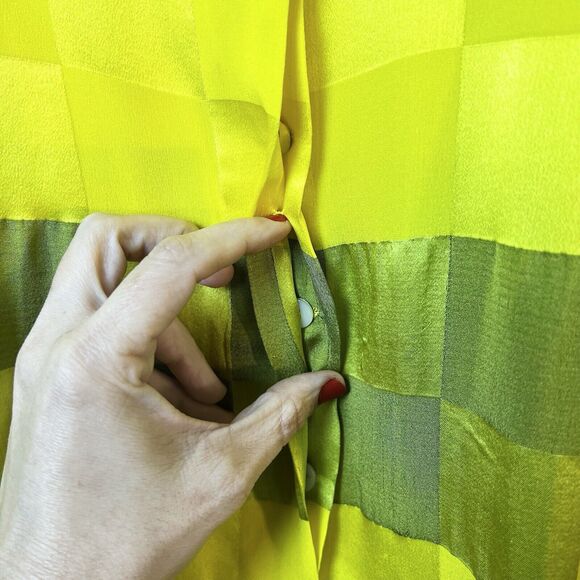 Andre’ Laug Silk Top Green Yellow Checkered Bow Vintage Women’s Sz 8 - Picture 6 of 11